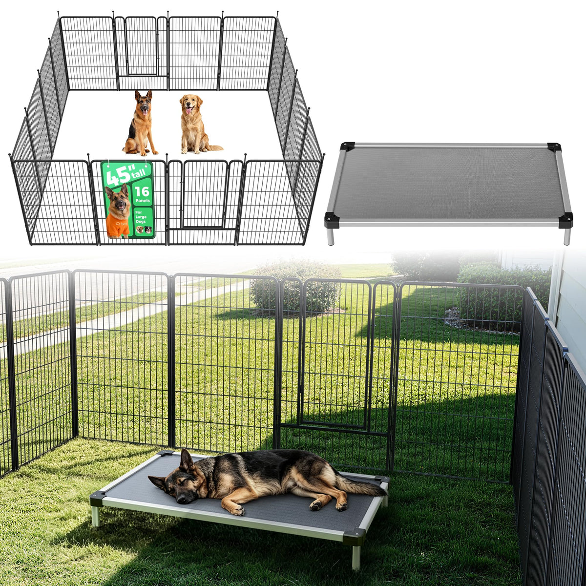 Rollick Dog Playpen with Padded Dog Bed (Black / 45"H)