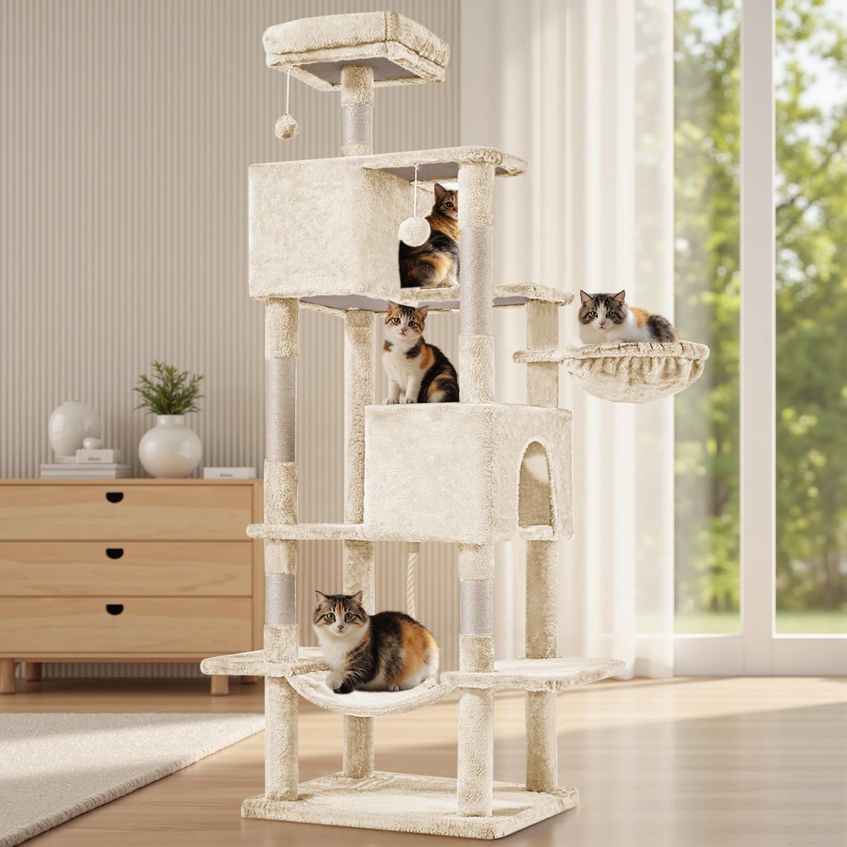 66 Inch Large Cat Tree Tower with Scratching Posts (Beige / 66.9"×18.9"×18.9")