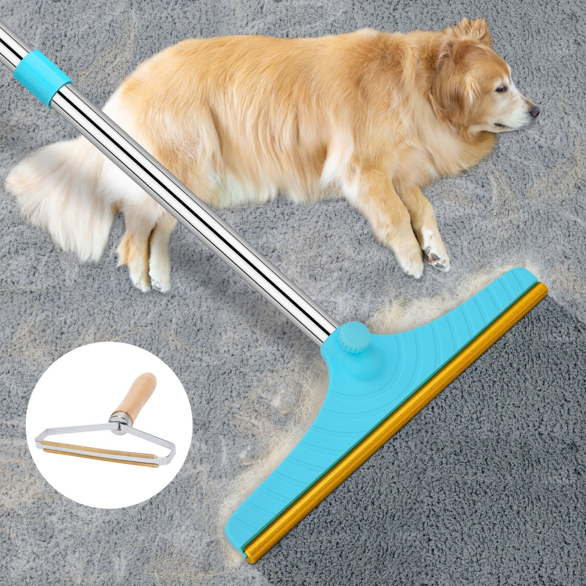 Carpet Rake for Pet Hair Removal Tool (60‘’ / Blue)