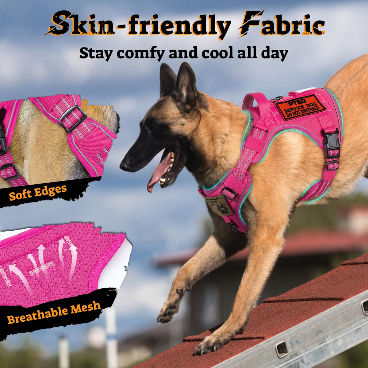 Tactical Dog Harness for Large Dogs (Xl(chest:23.6"-41.8",neck:21.7"-32.3",back:9.1") / Rose Red)