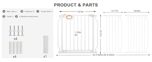 62.2 66.9 Inch Extra Wide Baby Gate with Door for Stairs Doorways (White / 62.2-66.9inch)