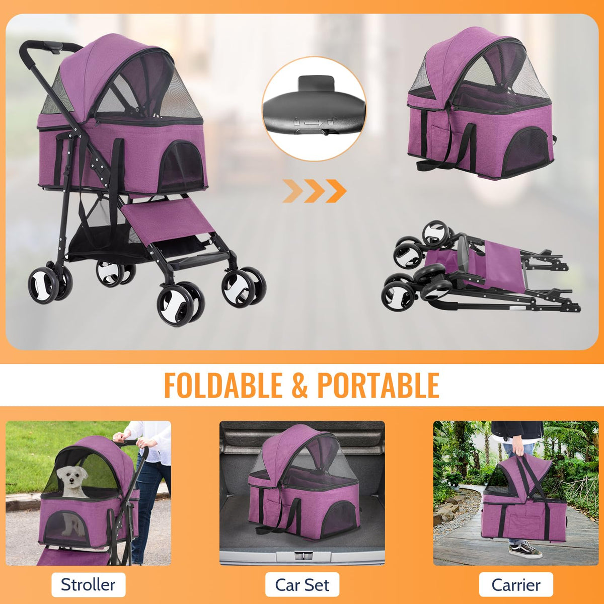 3 in 1 Multi Function Dog Stroller Jogger with Detachable Carrier (Purple / 4 Wheels)
