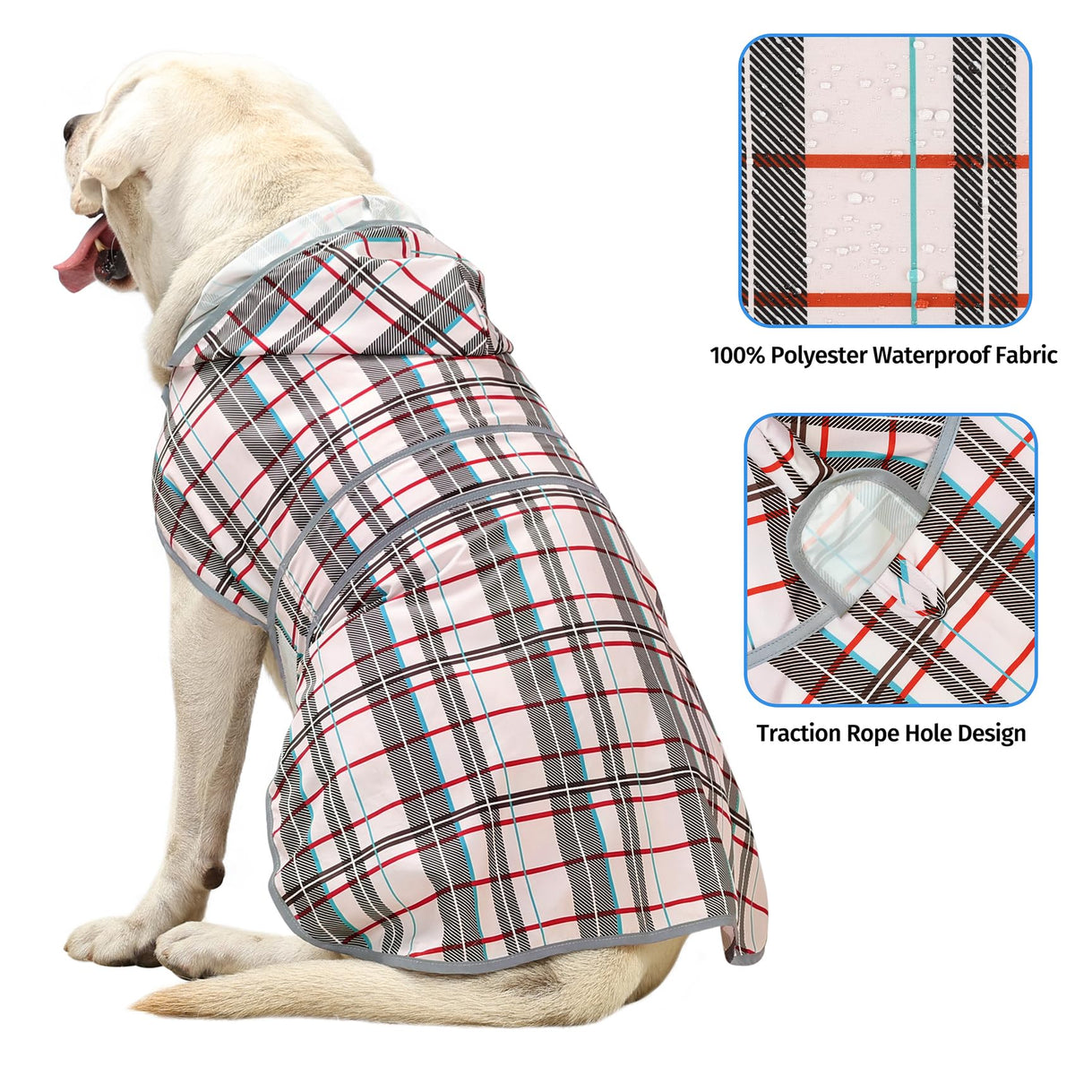 Dog Raincoat for Large Dogs Waterproof Jacket Hooded Rain Coats with Reflective Strips Leash Hole & Poncho Adjustable Fit (Khaki Plaid / X-Large)