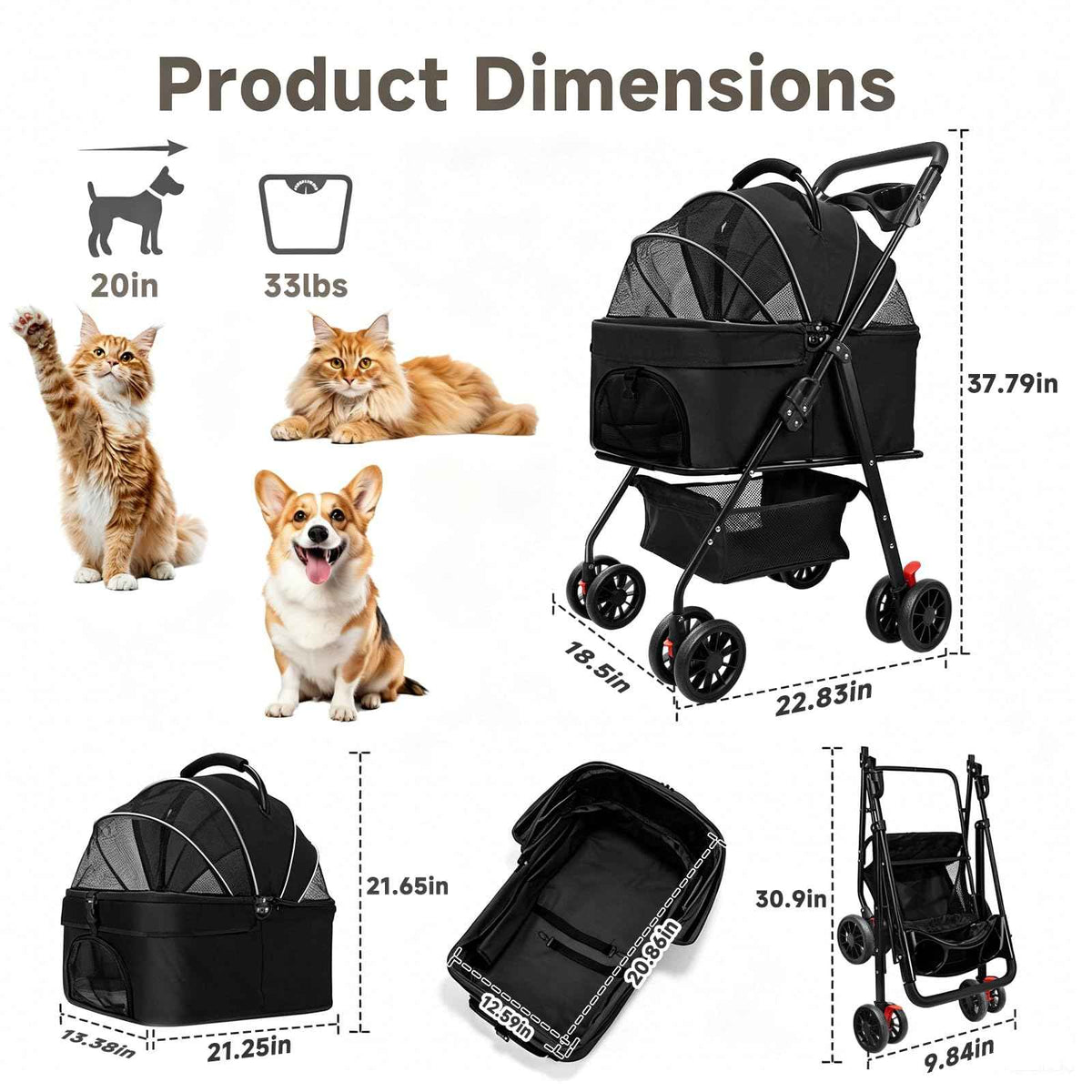 Pet Stroller for Small Dogs and Cats with 4 Wheels (Black)