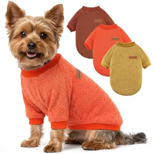 3 Pack Dog Sweaters for Small Dogs Girl Boy Winter Fleece Clothes Warm Soft Dog Sweatshirt Outfit for Dogs Cats Pet Apparel (Brown+Yellow+Orange / L (Back: 15.7", Chest: 19.6", 14-18 lbs))
