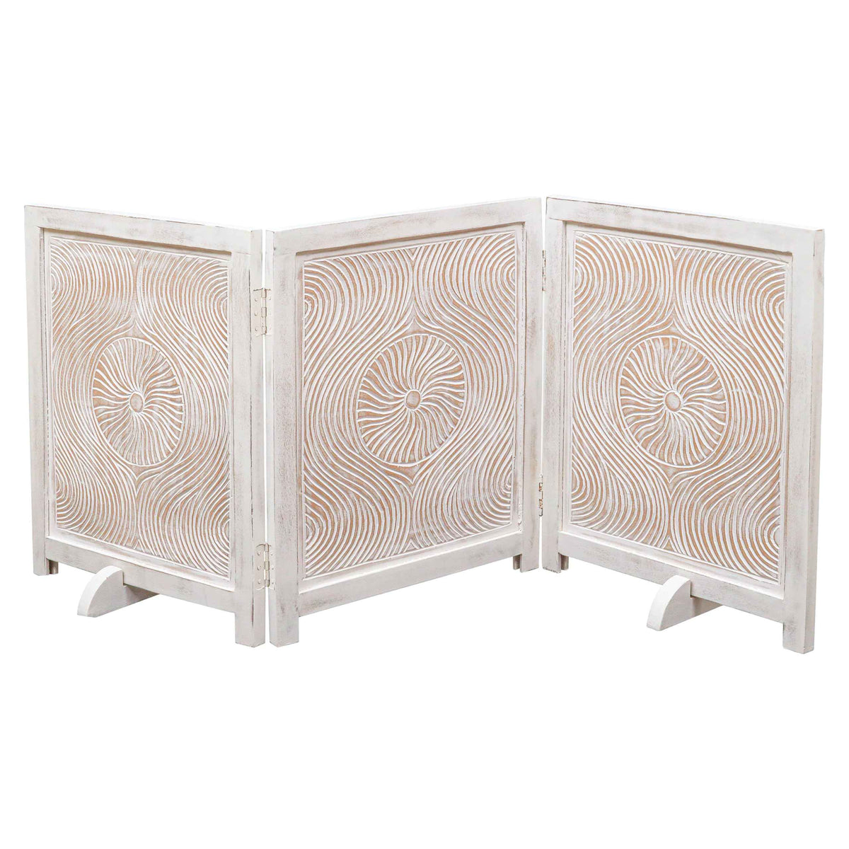 Freestanding Pet Gate for Dogs (White Antique / 54x22.5" 3 Panel Carving)