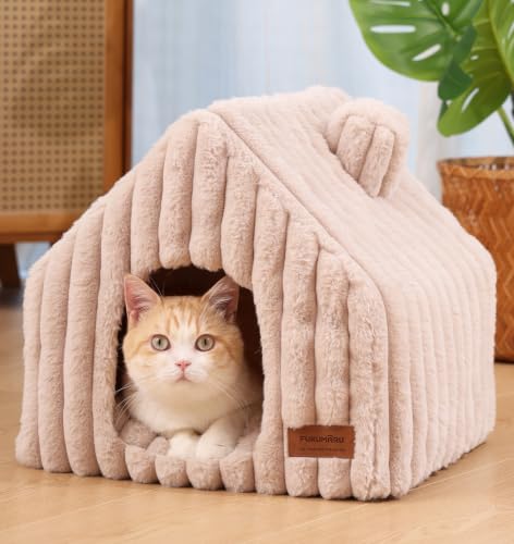 Cat Bed Cave Enclosed Washable Covered Dog Bed with Support Frame (Pink Beige / 15 Inch (Cats up to 12 lbs, Dogs up to 7 lbs))