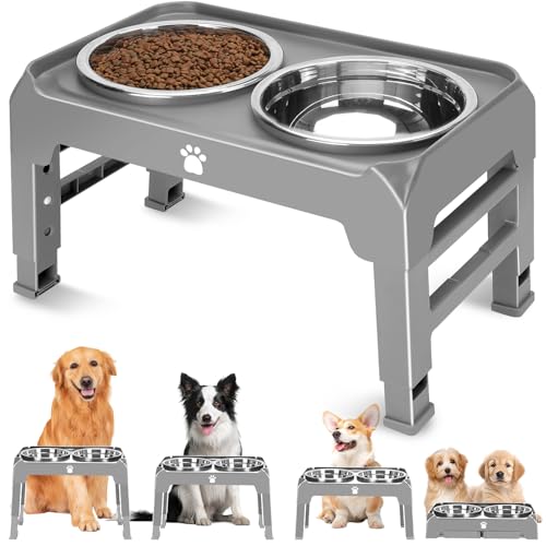 Elevated Raised Dog Bowl Stand with 2 Stainless Steel Bowls (Grey / Medium dogs)