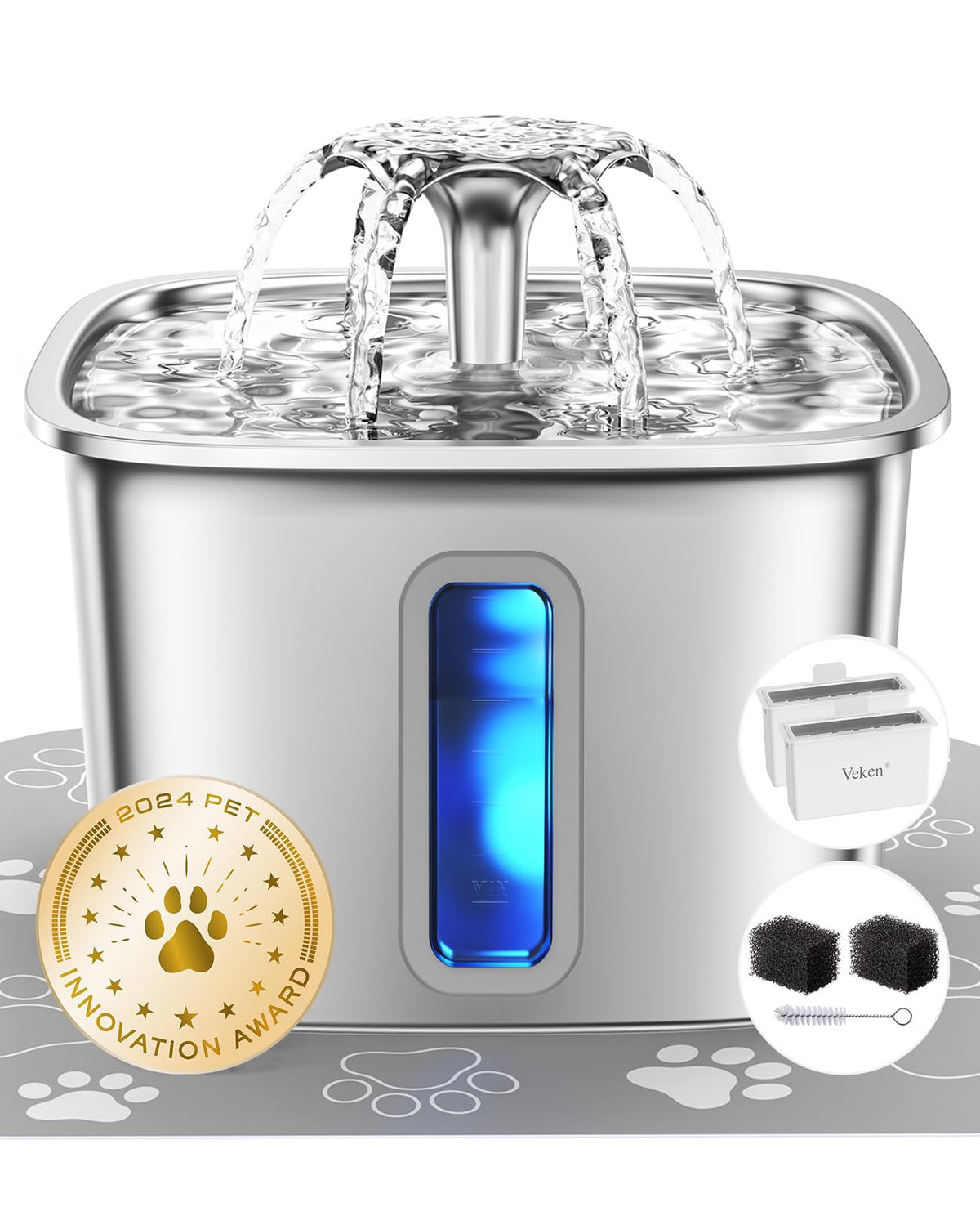 Innovation Award Winner Stainless Steel Cat Water Fountain (Silver / 108oz (Cats & Small Dogs))