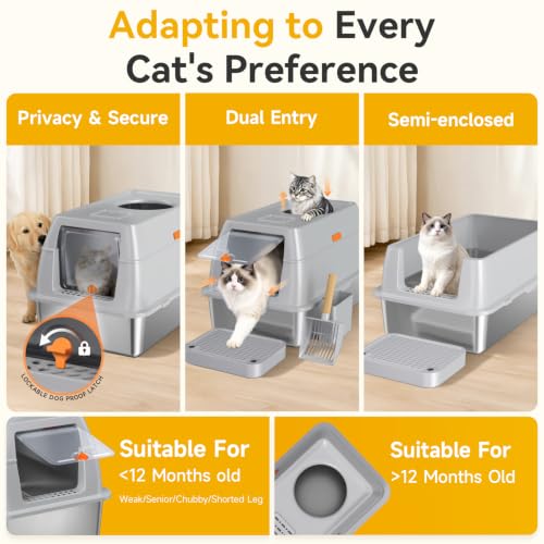 XL Enclosed Stainless Steel Litter Box with Lid (Light Gray-Enclosed)