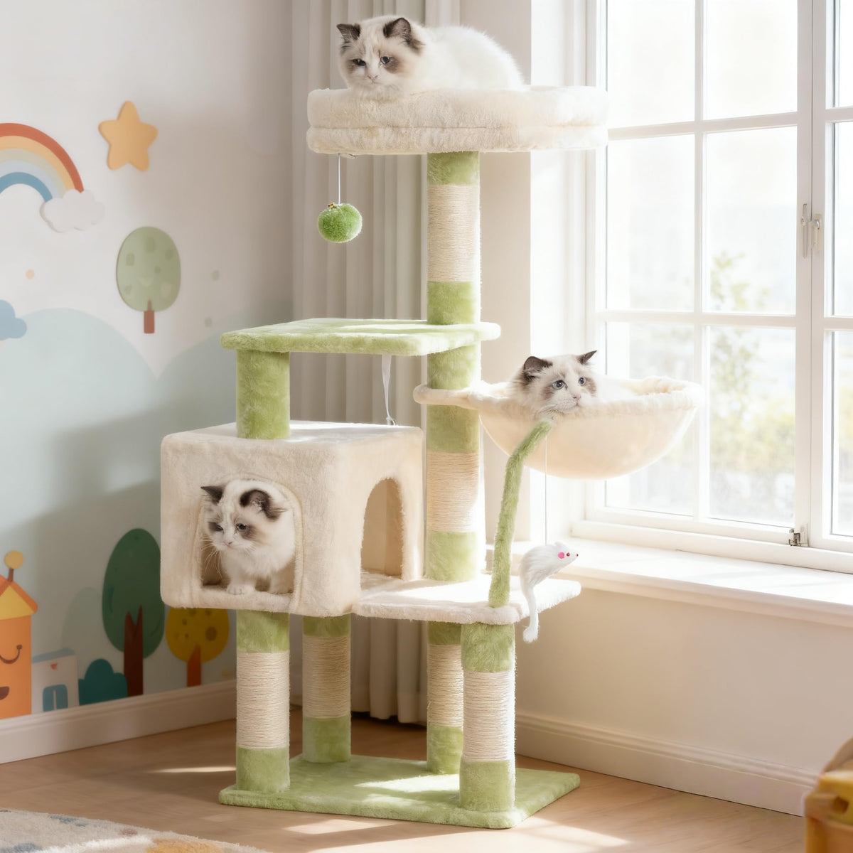 Cat Tree with Toy (Green and Beige / 43.3 inch)