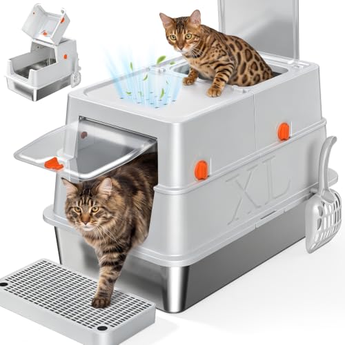 XL Enclosed Stainless Steel Litter Box with Lid (Light Gray)