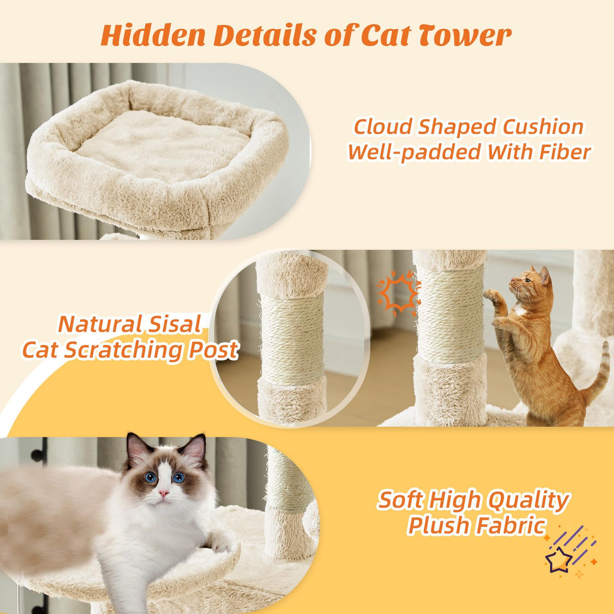 Small 44 in Cat Tree Tower with Natural Sisal Scratching Posts (Beige / 43.6Inch)
