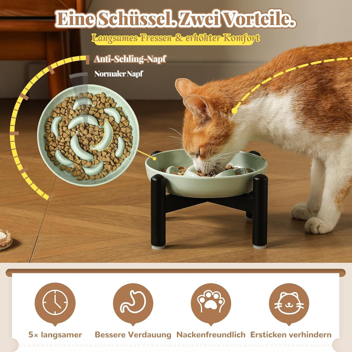 Elevated Slow Feeder Cat Bowl (White + Metal Stand / 9"H)
