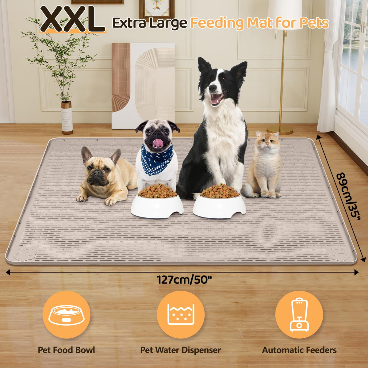 Dog Food Mat 50''x35'' Extra Large Dog Mat for Food and Water (50"L x 35"W / Khaki)