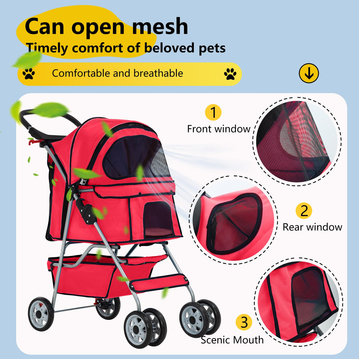 4 Wheel Foldable Pet Stroller (Red / 4 Wheels)