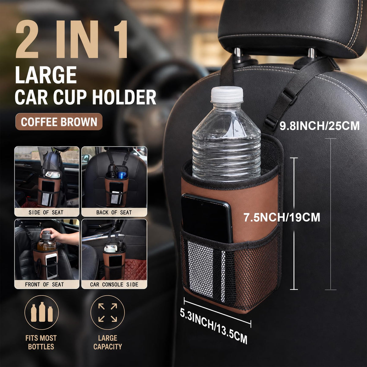 2-in-1 Large Cup Holder, Car Seat Side Organizer, Car Seat Side Large Cup Holder Expander Adapter Bag, Auto Organizer Accessories Car Stuff Holder with Mesh Pocket for Phone & Drink (Brown)