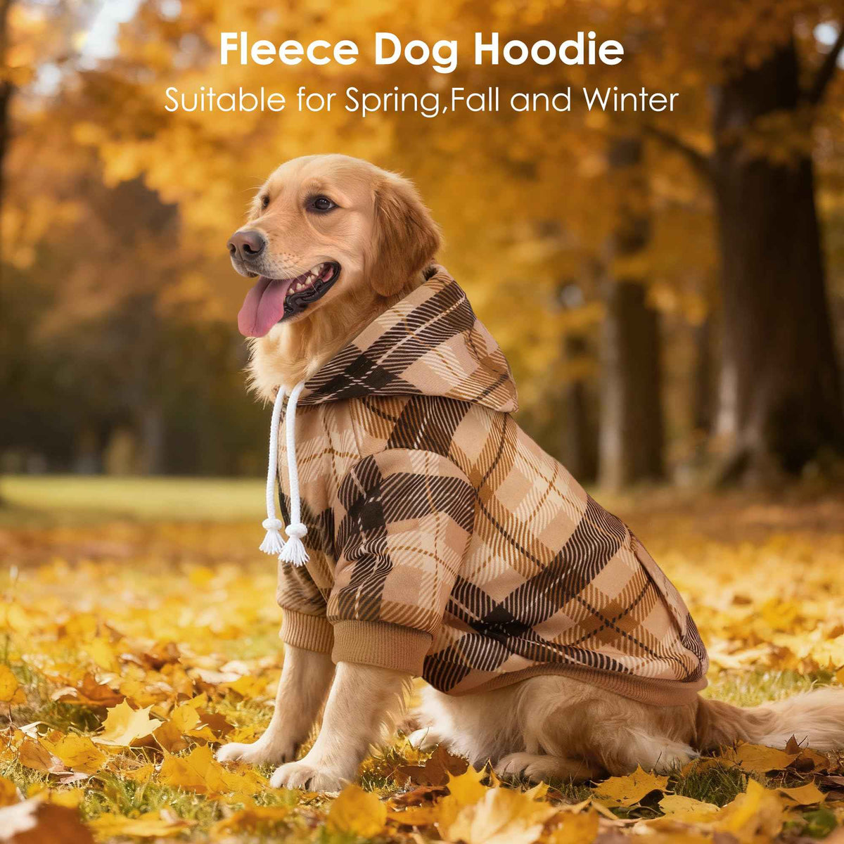 Dog Basic Hoodie Soft Dog Clothes Cold Weather Sweaters for Medium Large Dogs Cozy Fabric Warm Sweatshirt with Leash Hole for Boys (Khaki Plaid / L (Back: 20.47",Chest: 28.35",20-35lbs))