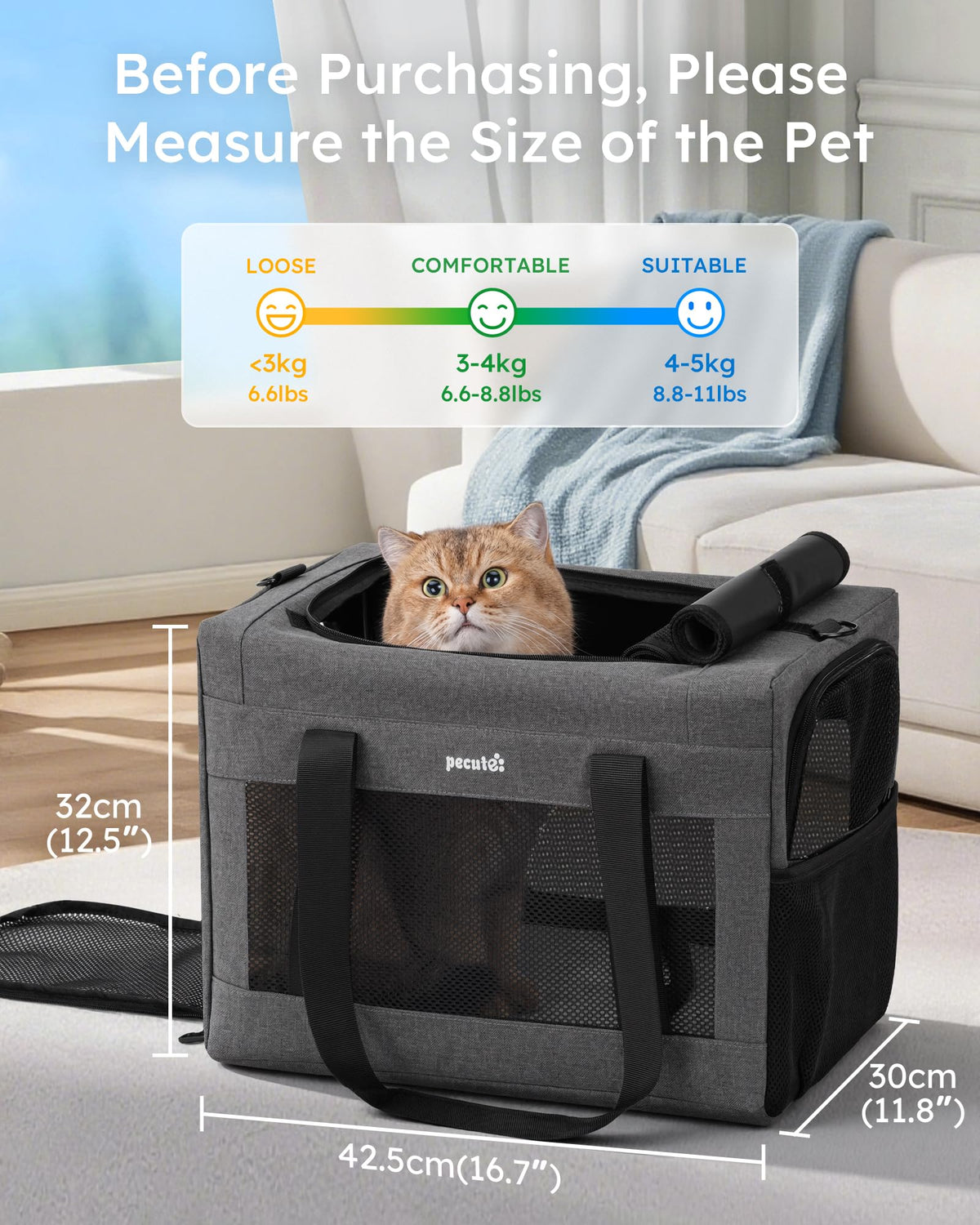 Cat Carrier Portable Travel Pet Carrier with Stable Structure (Grey / 16.7"L x 11.8"W x 12.5"H)