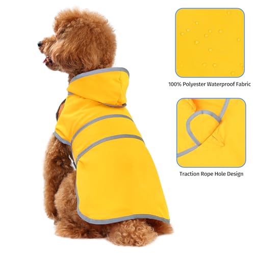 Dog Raincoat for Small Dogs Puppies Waterproof Jacket Hooded Rain Coats with Reflective Strips Leash Hole & Poncho Adjustable Fit (B.Yellow / Small)