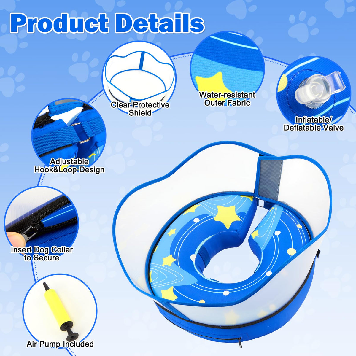 Inflatable Dog Cone Collar with Removable Clear Protective Shield (RoyalBlue / L (Neck 12.5"-15"))