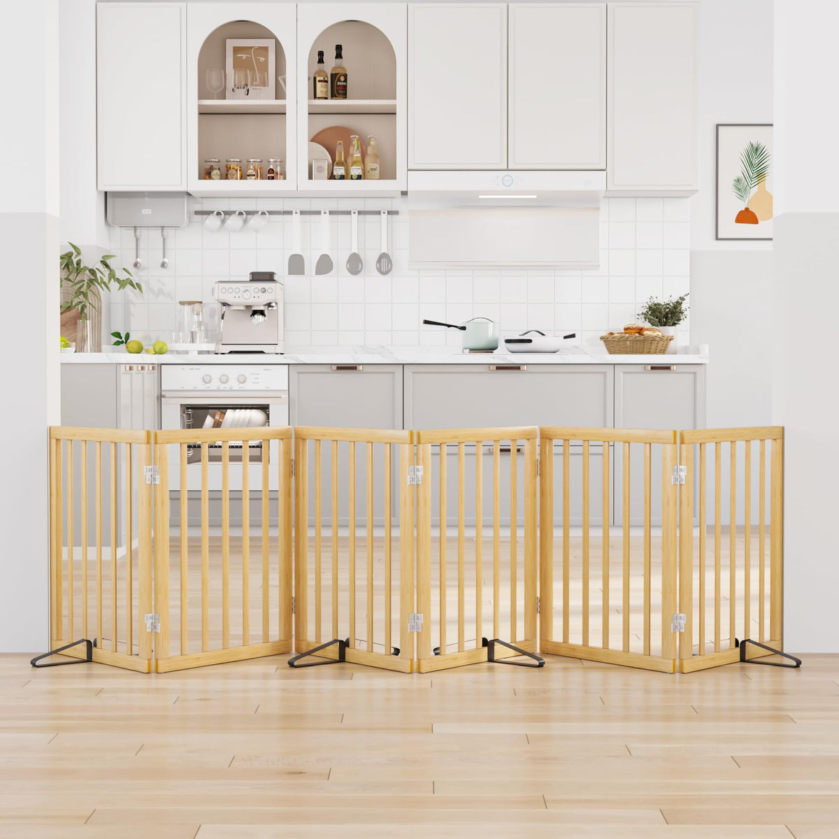 Extra Wide Dog Gates for Doorways (Bamboo Dog Gate Natural / 6 Panel - 110 inches Wide)
