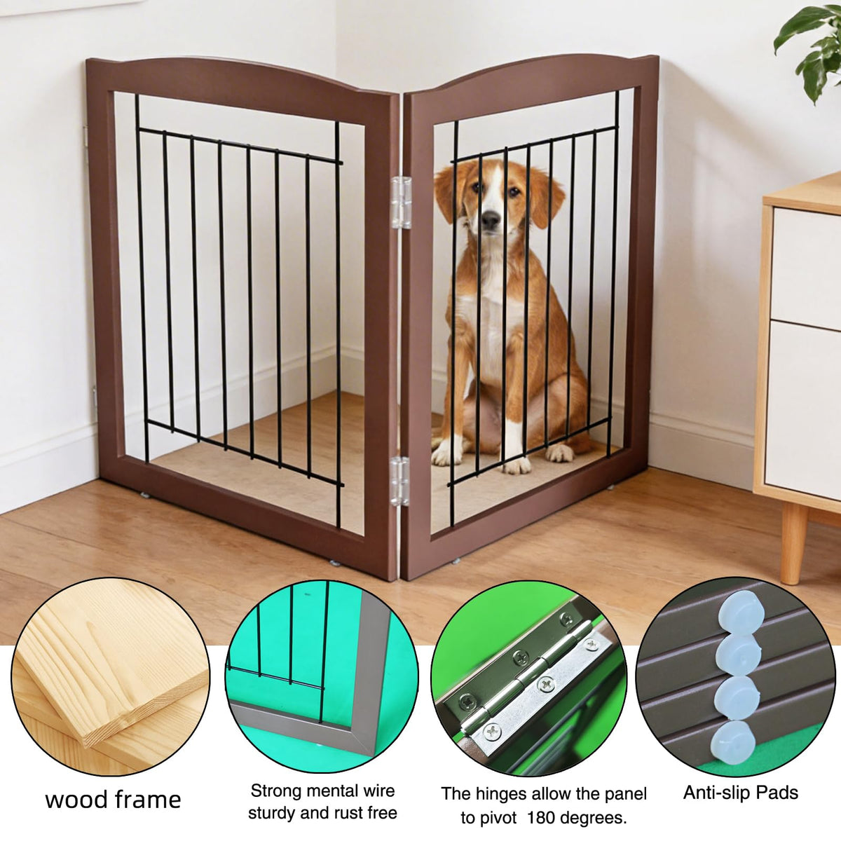 Freestanding Foldable Dog Gate for House Extra Wide Wooden Indoor Puppy Gate Stairs Doorways Pet Gate Tall Dog Fence 2 Panels Fence Brown (Brown / 【2 Panels】40''w x 32''h)