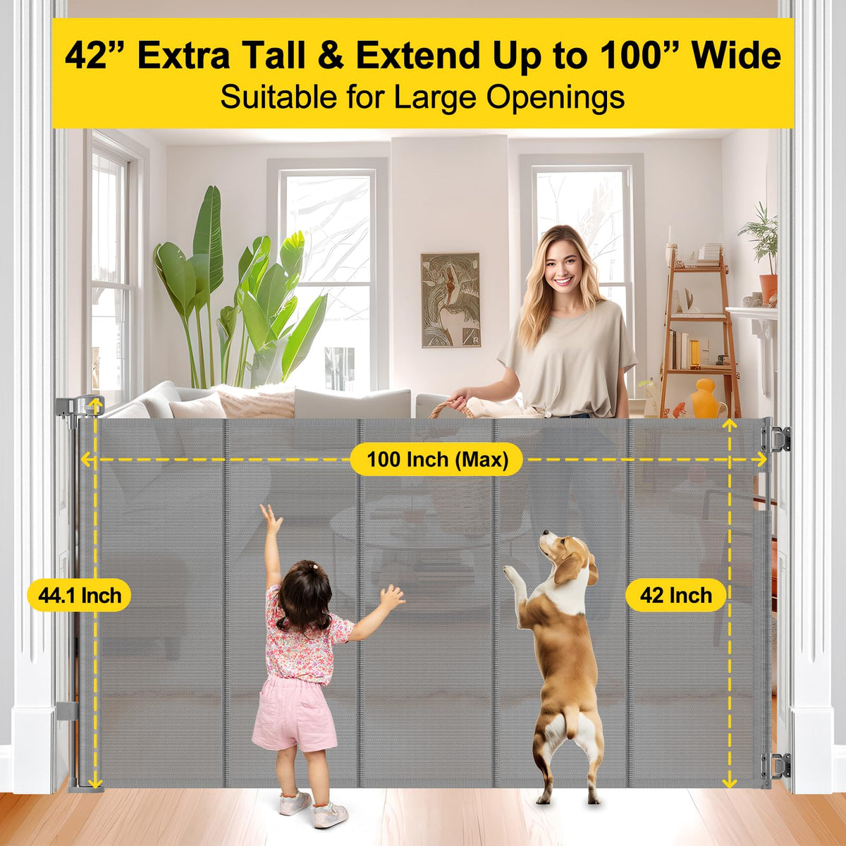 Reinforced 42" Tall x 100" Extra Wide Retractable Baby Gates for Doorways (Gray / Reinforced 42" Tall X 100" Wide)