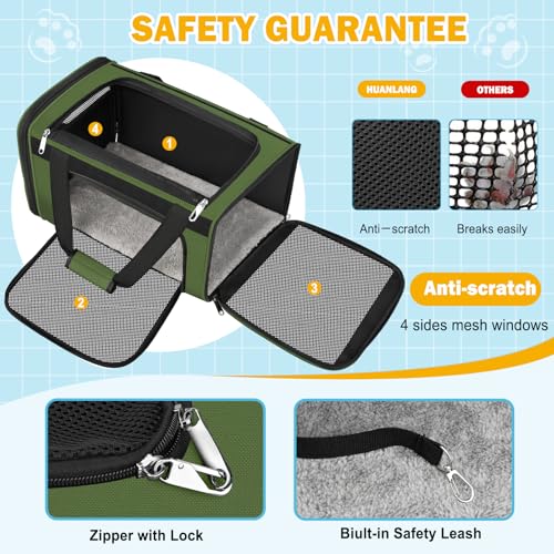 Large Cat Carrier Soft Sided Travel Pet Carrier Airline Approved (Army Green)