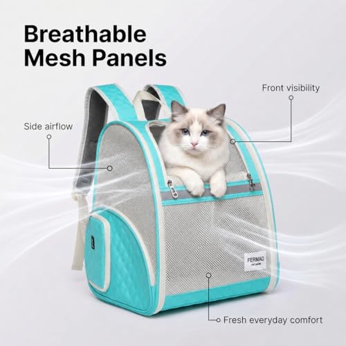 Cat Backpack Carrier for Small Dogs and Medium cat Puppy Kitten Bunny Pet Carrier Backpack Collapsible with Fully Ventilated Mesh with Safety Leash (LightGreen / 12.9"L x 10.62"W x 15.5"H)