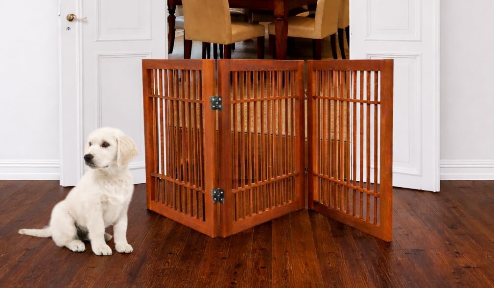Freestanding Wooden Dog Gate Foldable Indoor Pet Gate No Drill Expandable Barrier for Doorways Stairs Hallways Portable Wood Fence for Small Dogs & Puppies (3 Panel 24" Tall / Brown Pet Gate)
