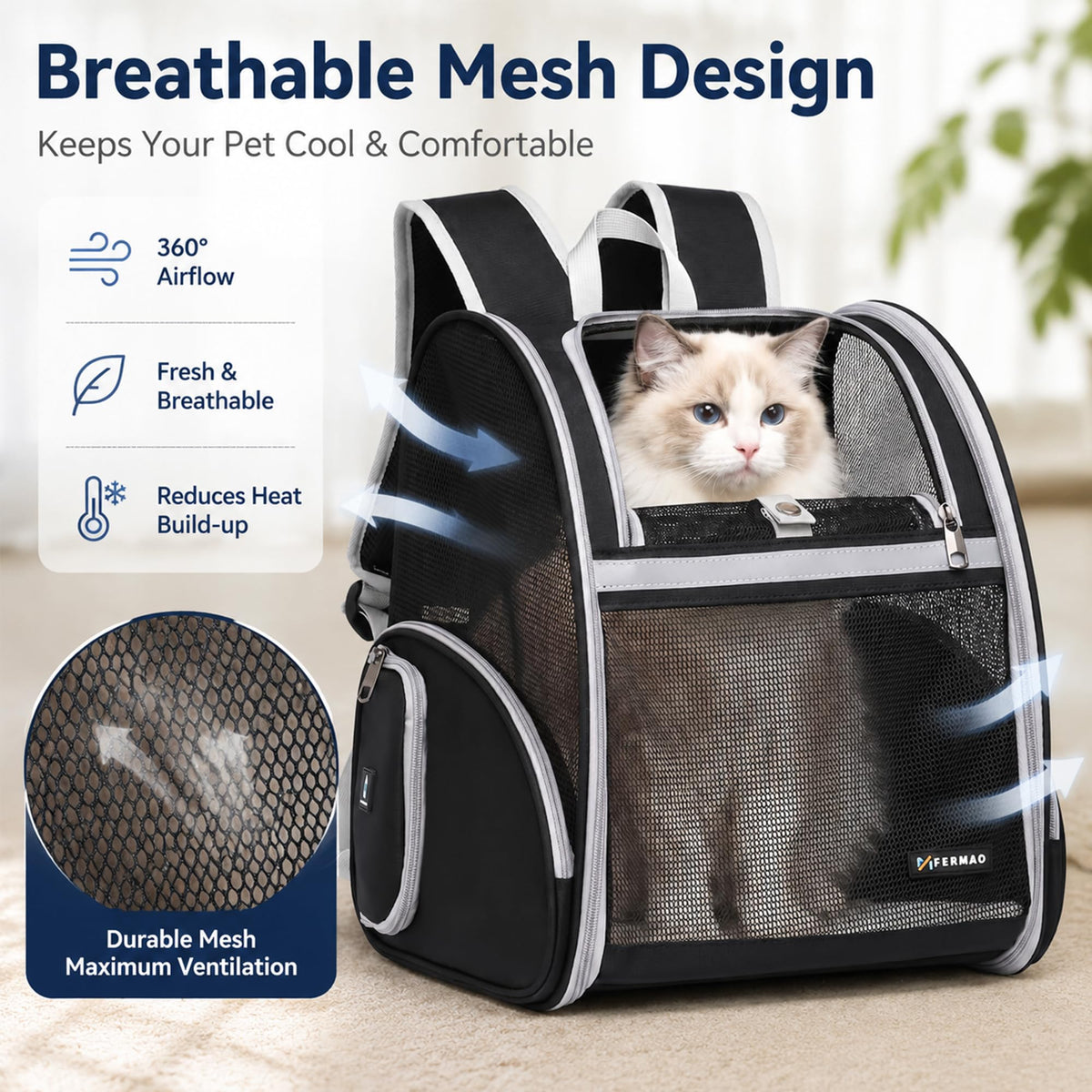Cat Backpack Carrier for Small Dogs and Medium cat Puppy Kitten Bunny Pet Carrier Backpack Collapsible with Fully Ventilated Mesh with Safety Leash (Black / 12.9"L x 10.6"W x 15.5"H)