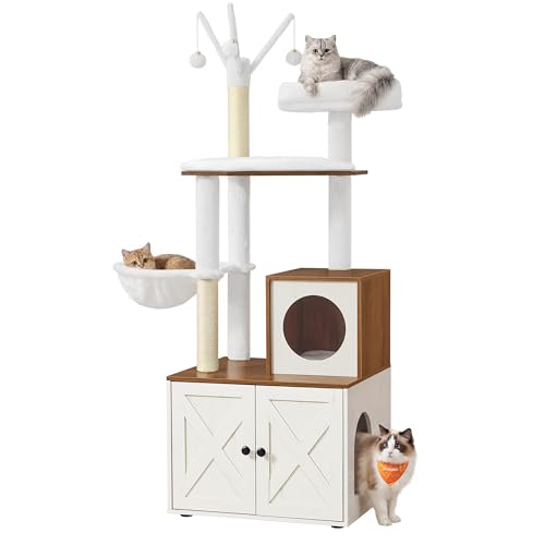 Cat Tree with Litter Box Enclosure (Rustic White + Honey Brown)