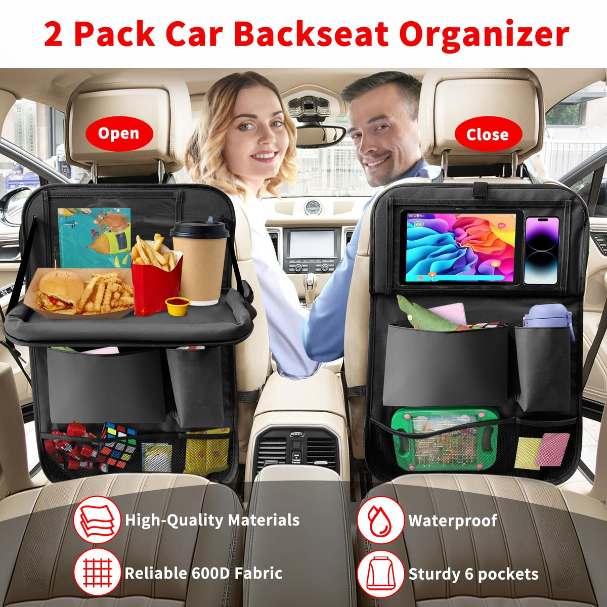 Car Backseat Organizer with Tablet Holder (2Pack / Black)