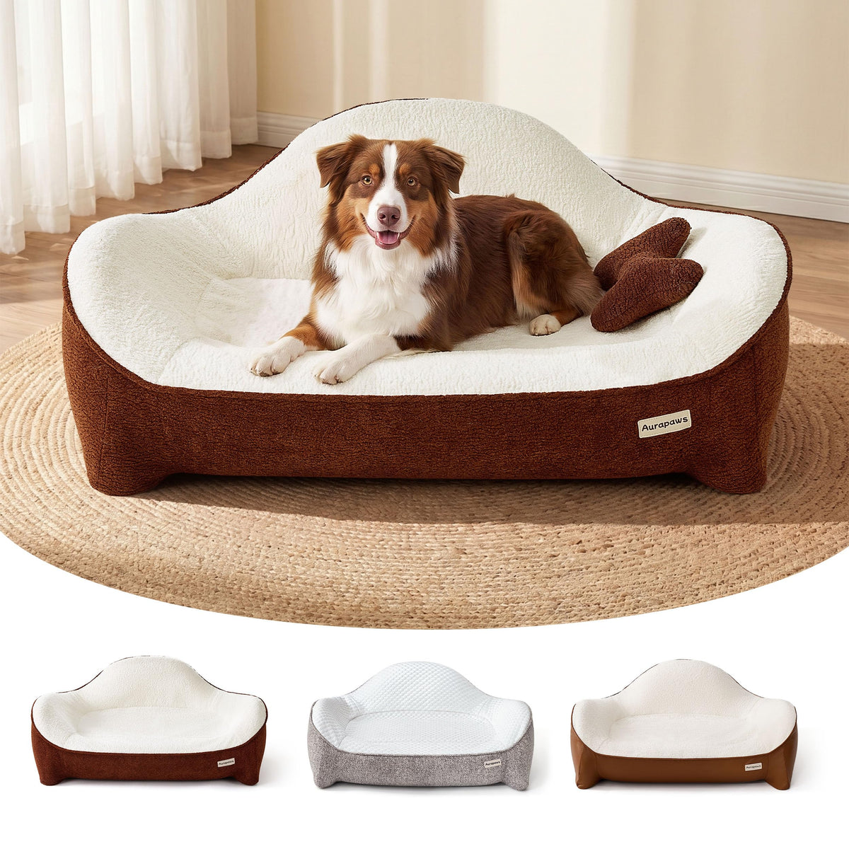 Dog Bed for Large Sized Dog (Leather-Brick Red-Light Gray / 43.6"L x 32"W x 15.6"Th)