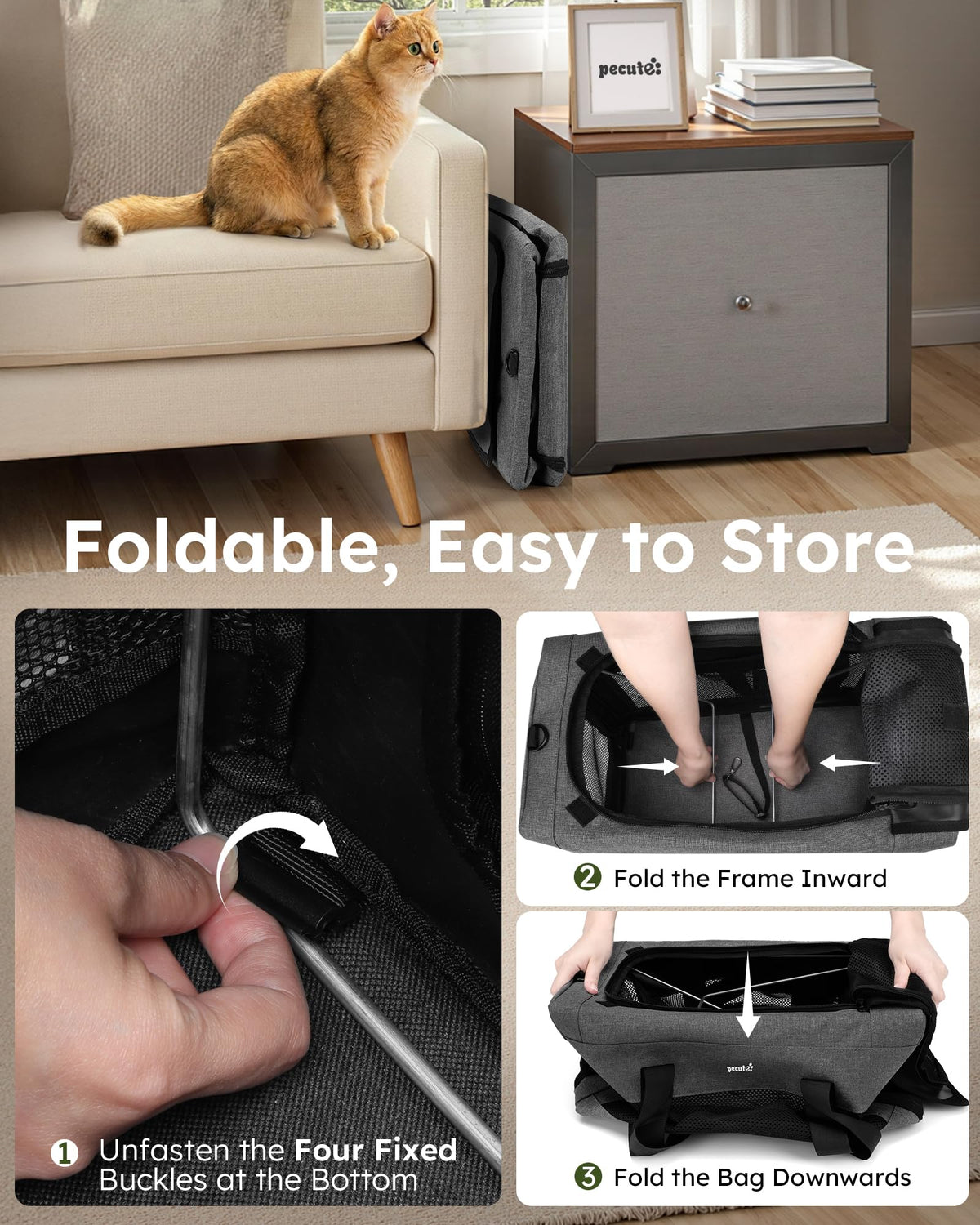 Cat Carrier Portable Travel Pet Carrier with Stable Structure (Grey / 16.7"L x 11.8"W x 12.5"H)