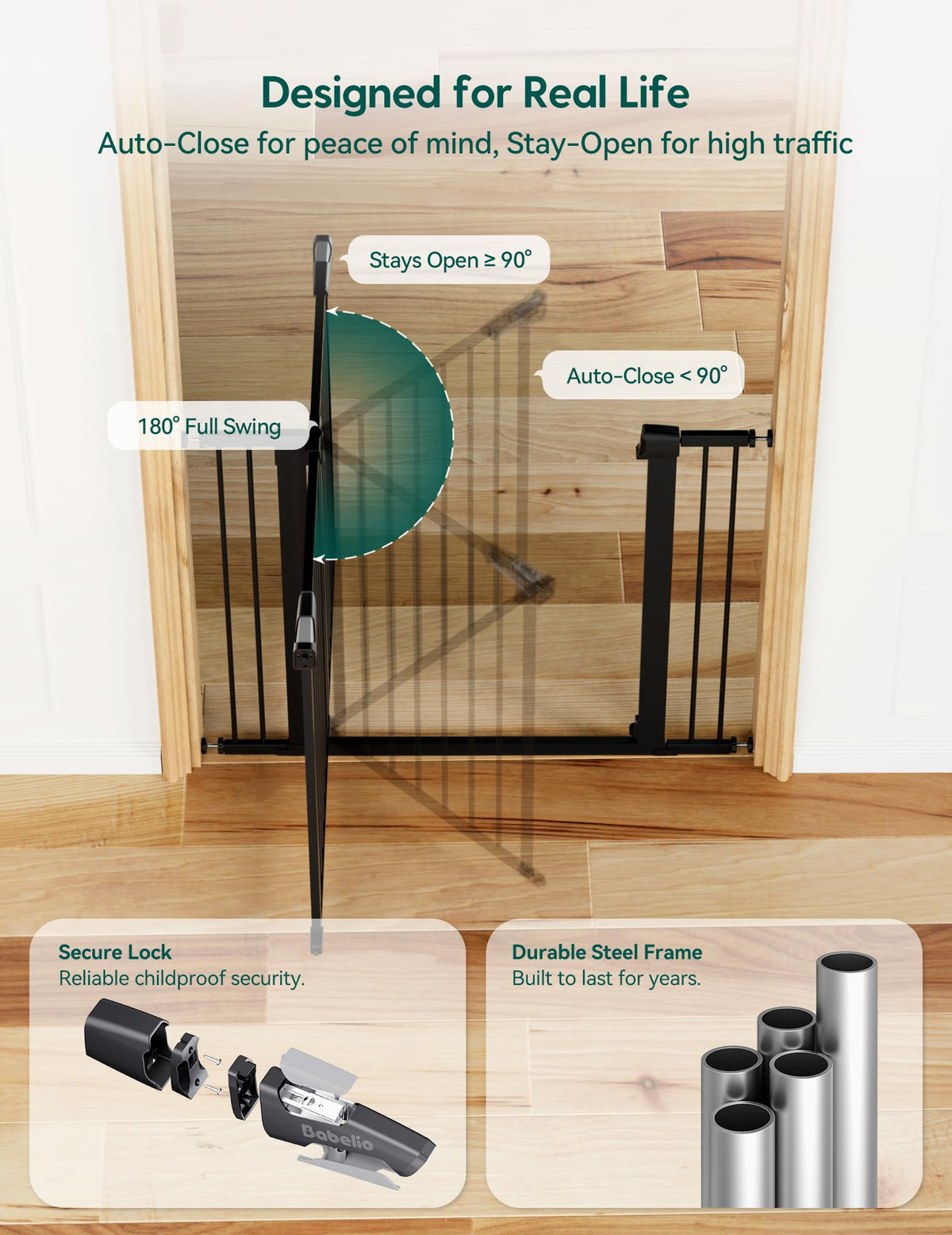 29 48 in Baby Gate for Stairs No Drilling (Black / 30"Tall 29"-48" Wide)