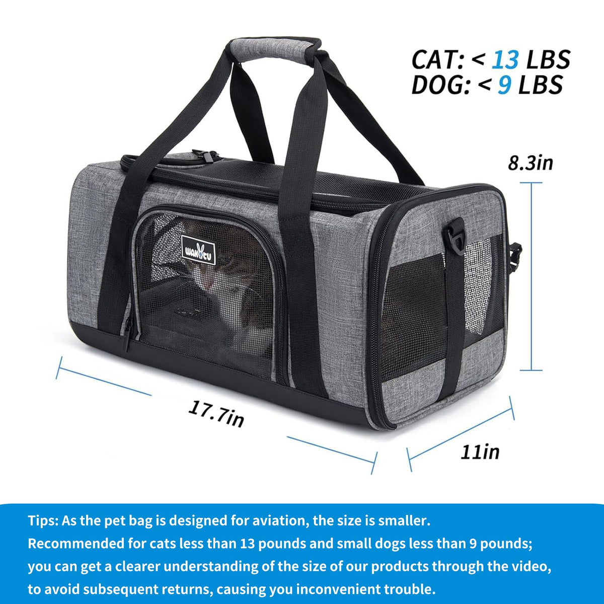 TSA & Airline Approved Soft Pet Carrier for Cats (17.7"L x 11.0"W x 8.3"H / 1.0 Grey)