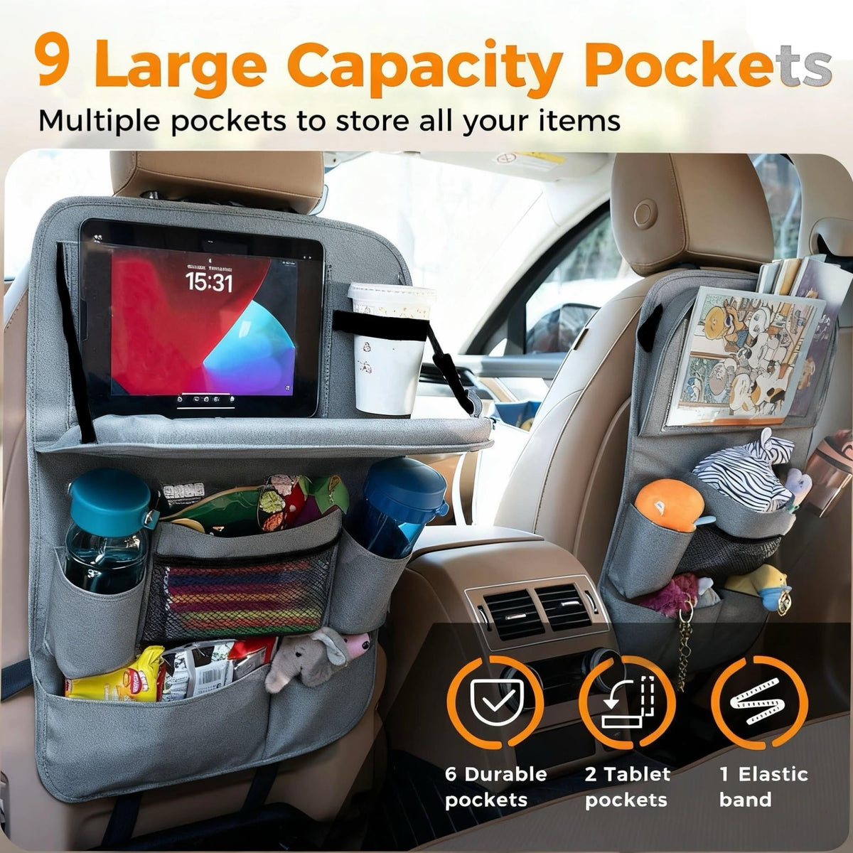 Backseat Car Organizer with Tray (2 Pack / Gray)