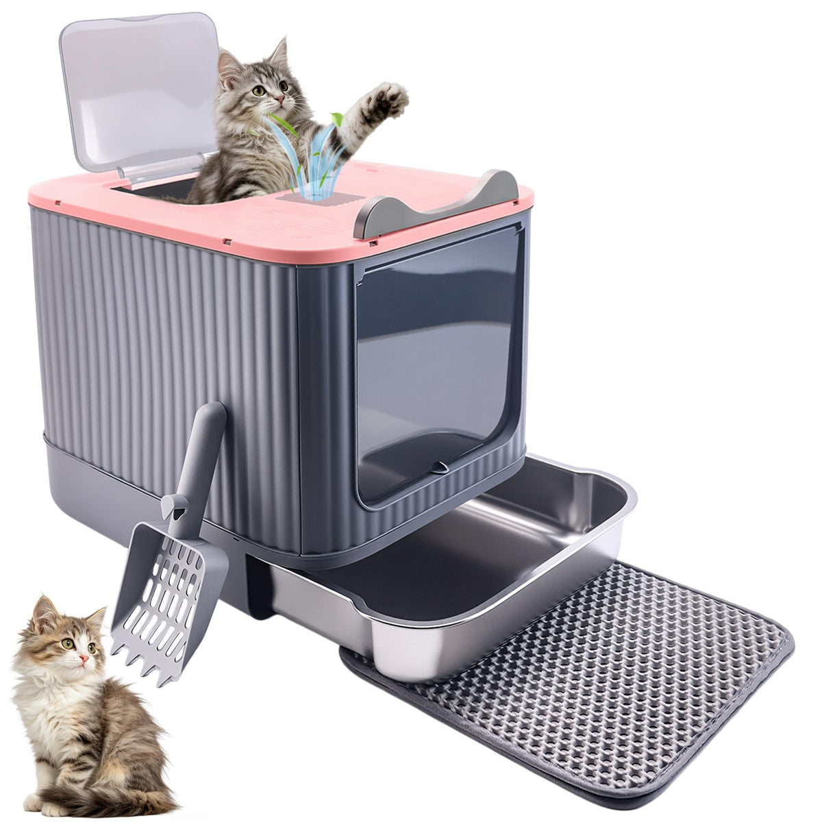 Stainless Steel Cat Litter Box Enclosed (Pink)
