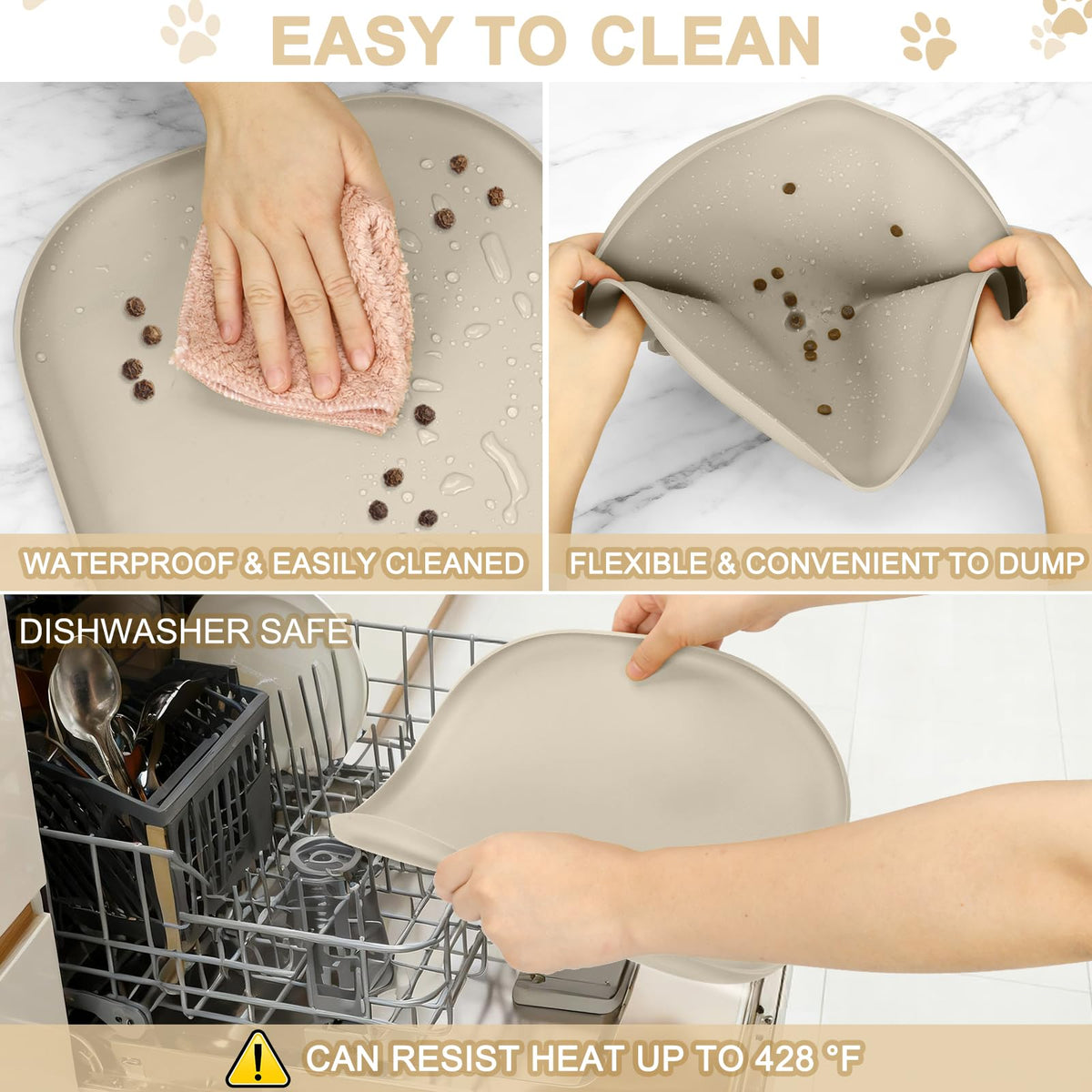 Waterproof Silicone Pet Food Mat with Raised Edge for Dog & Cat (12"L x 12"W / Beige)