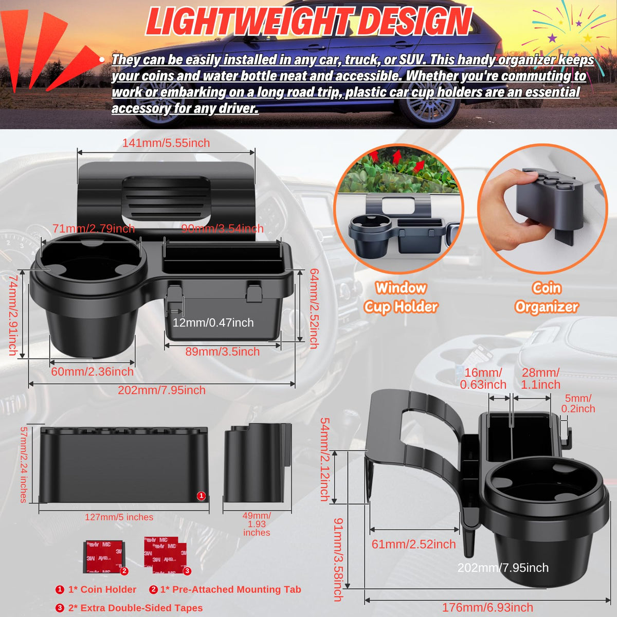 Extra Hanging Car Door Window Drink Coffee Cup Holder with Storage Organizer Tray (Car Door Cup Holder & Coin Organizer)