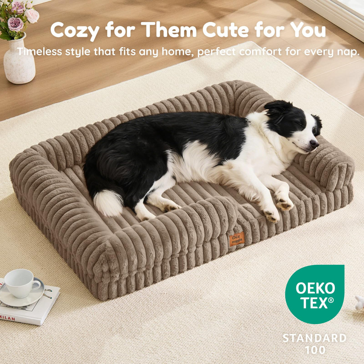Faux Fur Orthopedic Dog Bolster Bed (Rectangular Taupe / XL(41*30*7))