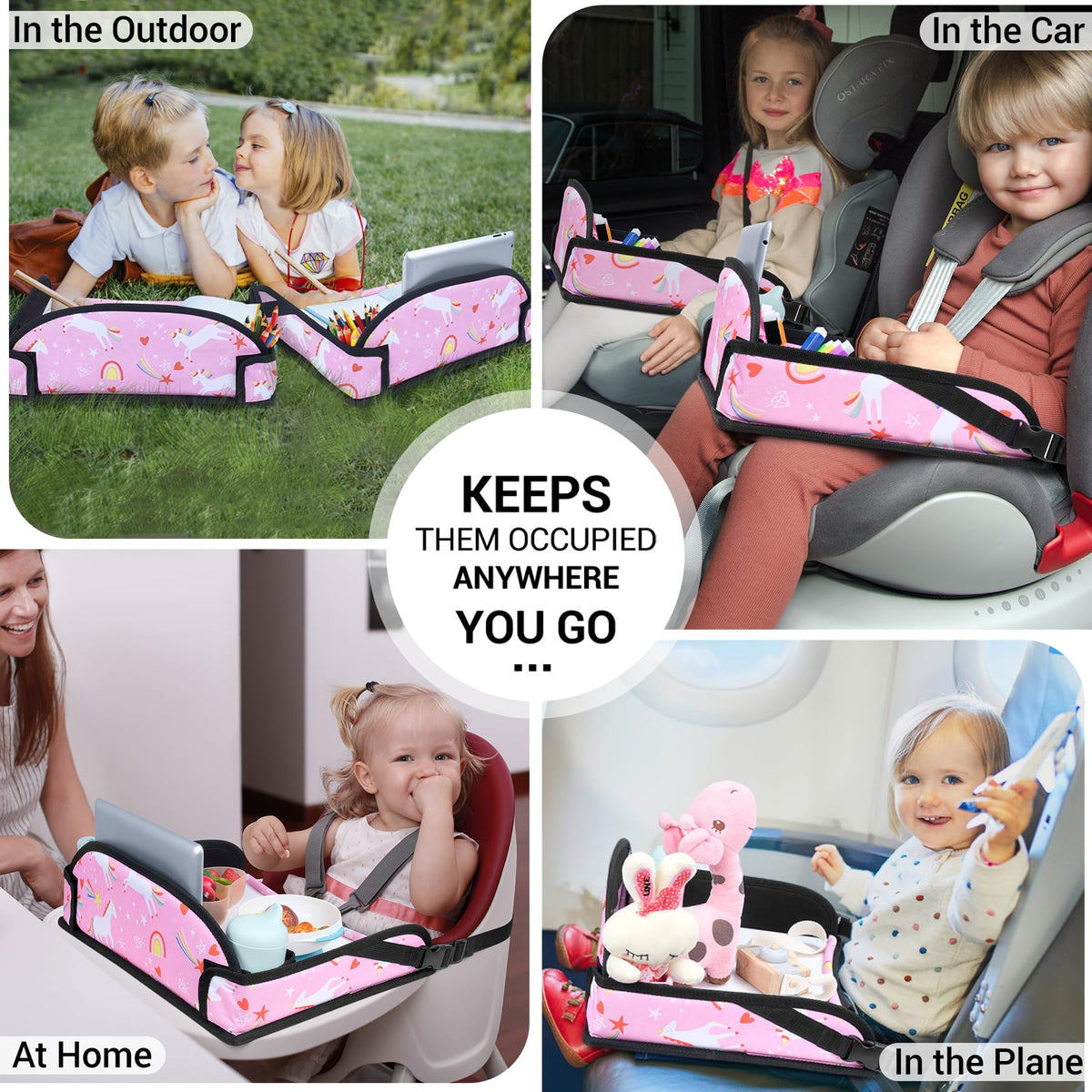 Kids Travel Tray for Car Seat & Airplane (Pink Unicorn -2PCS)