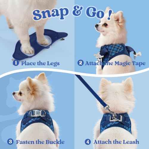 Dog Harness Small Sized and Leash Set (Navy Blue Plaid / M (Chest: 16.0"-18.5"))