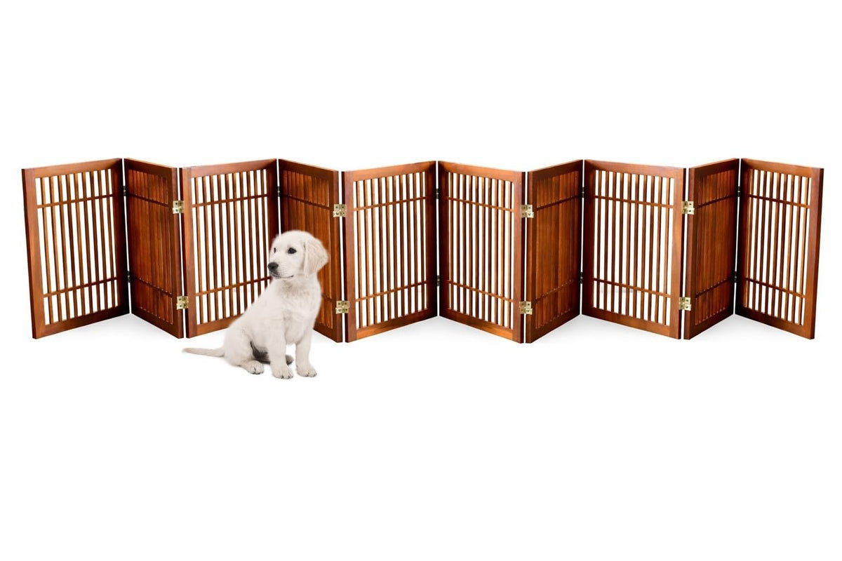 Freestanding Wooden Dog Gate Foldable Indoor Pet Gate No Drill Expandable Barrier for Doorways Stairs Hallway Portable Wood Fence for Small Dogs & Puppies (10 Panel 24" Tall / Brown Pet Gate)
