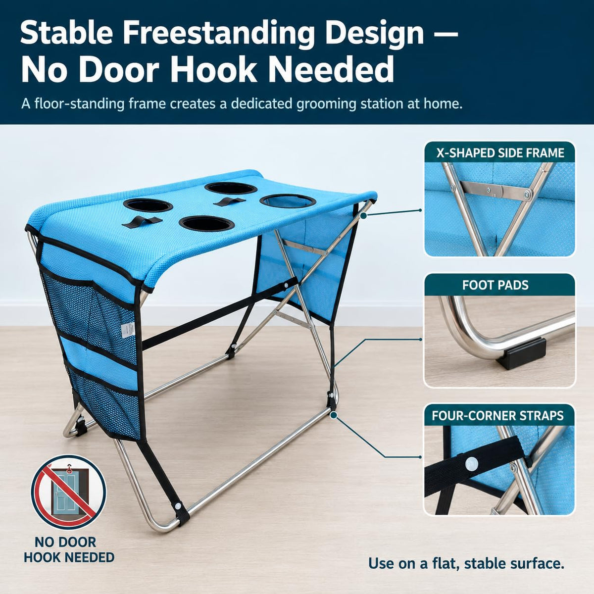 Pet Grooming Hammock with Stand for Small Dogs and Cats (Dark blue)
