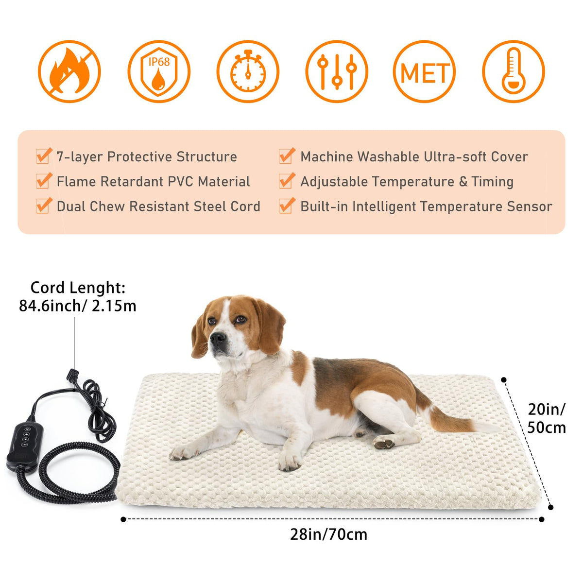 Heated Dog Bed (M: 28" x 20" / Beige)