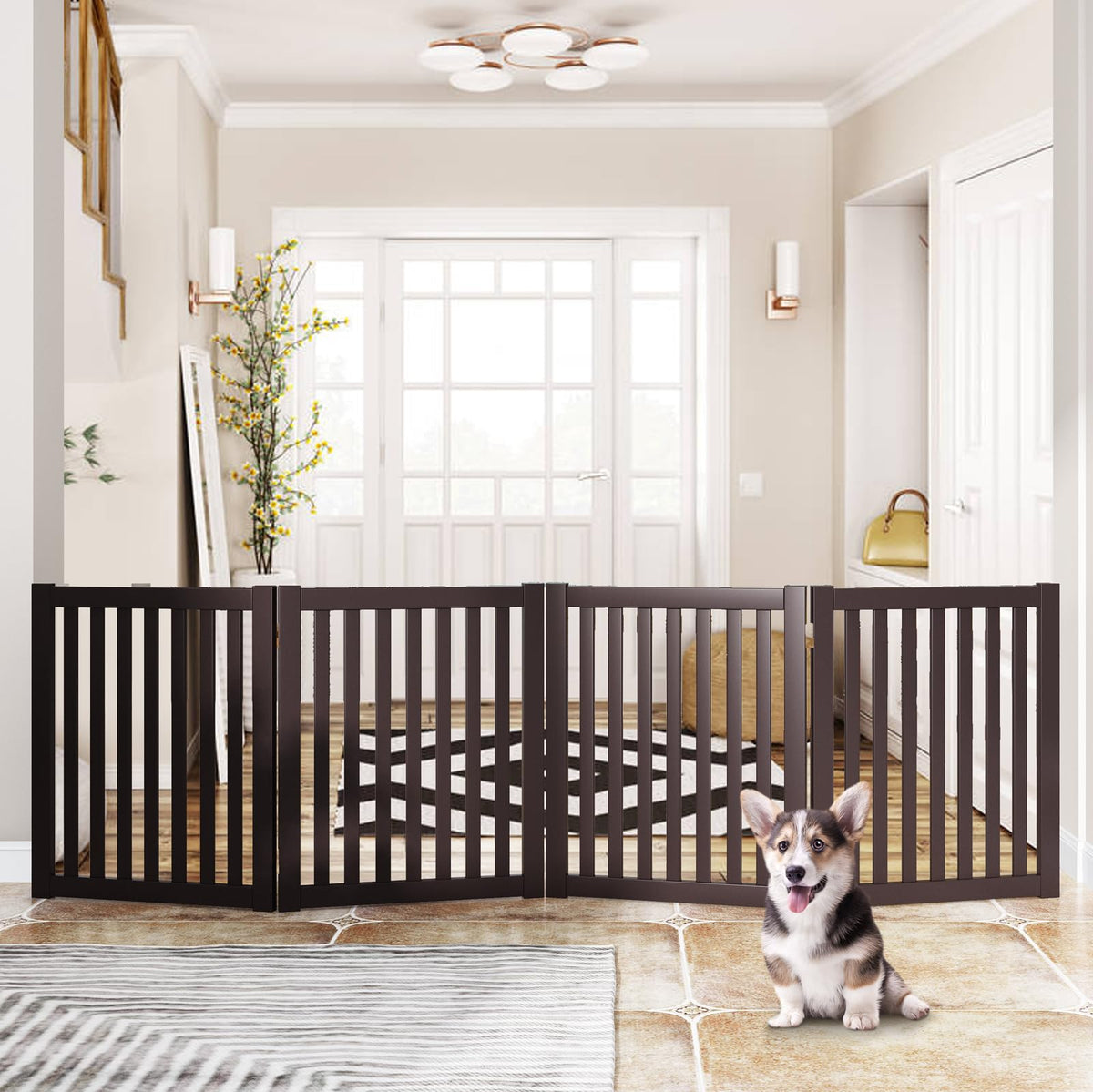 Freestanding Pet Gate 4 Panel Wooden Step Over Dog Gate (Espresso / 4 Panel 80" Wide)
