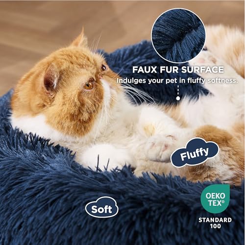 Calming Cat Beds Donut Round Washable Kitten Bed (20"L x 20"W x 6"Th / Navy)